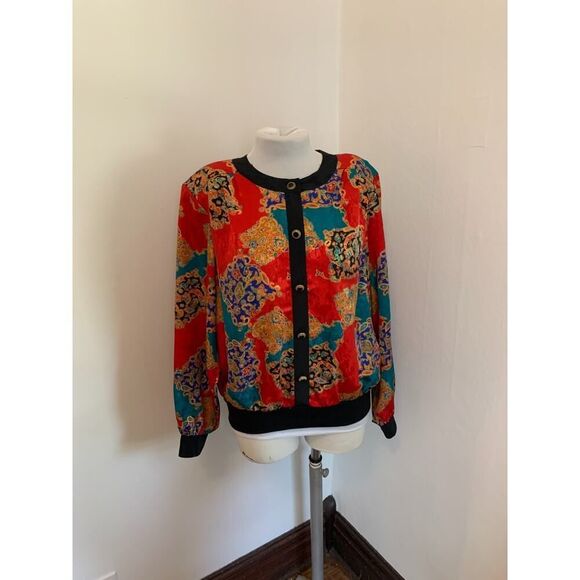 VTG Notations Versace Look Jacket Top 16W Red Satin Abstract Ornate Button Crop - Picture 2 of 16